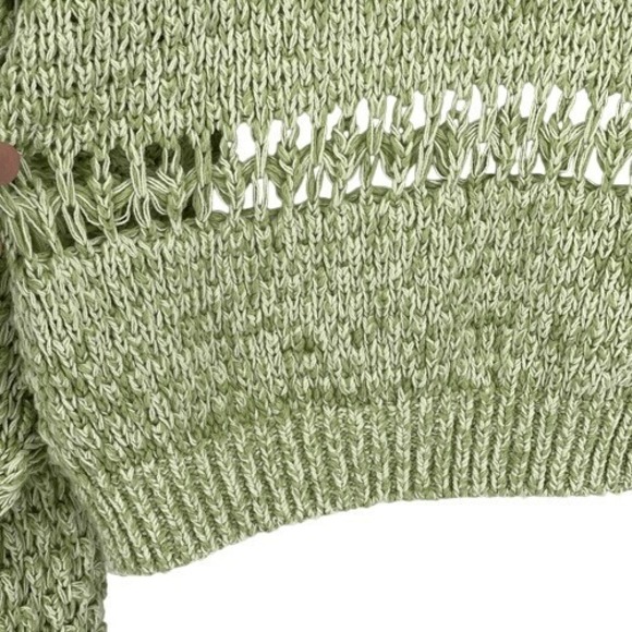 Free People Coconut Open Knit V-Neck Chunky Crochet Sweater Kiwi Cream Size L - Picture 6 of 10